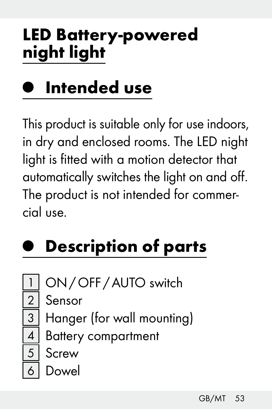 Led battery­powered night light intended use, Description of parts | Livarno Z32148C User Manual | Page 53 / 81