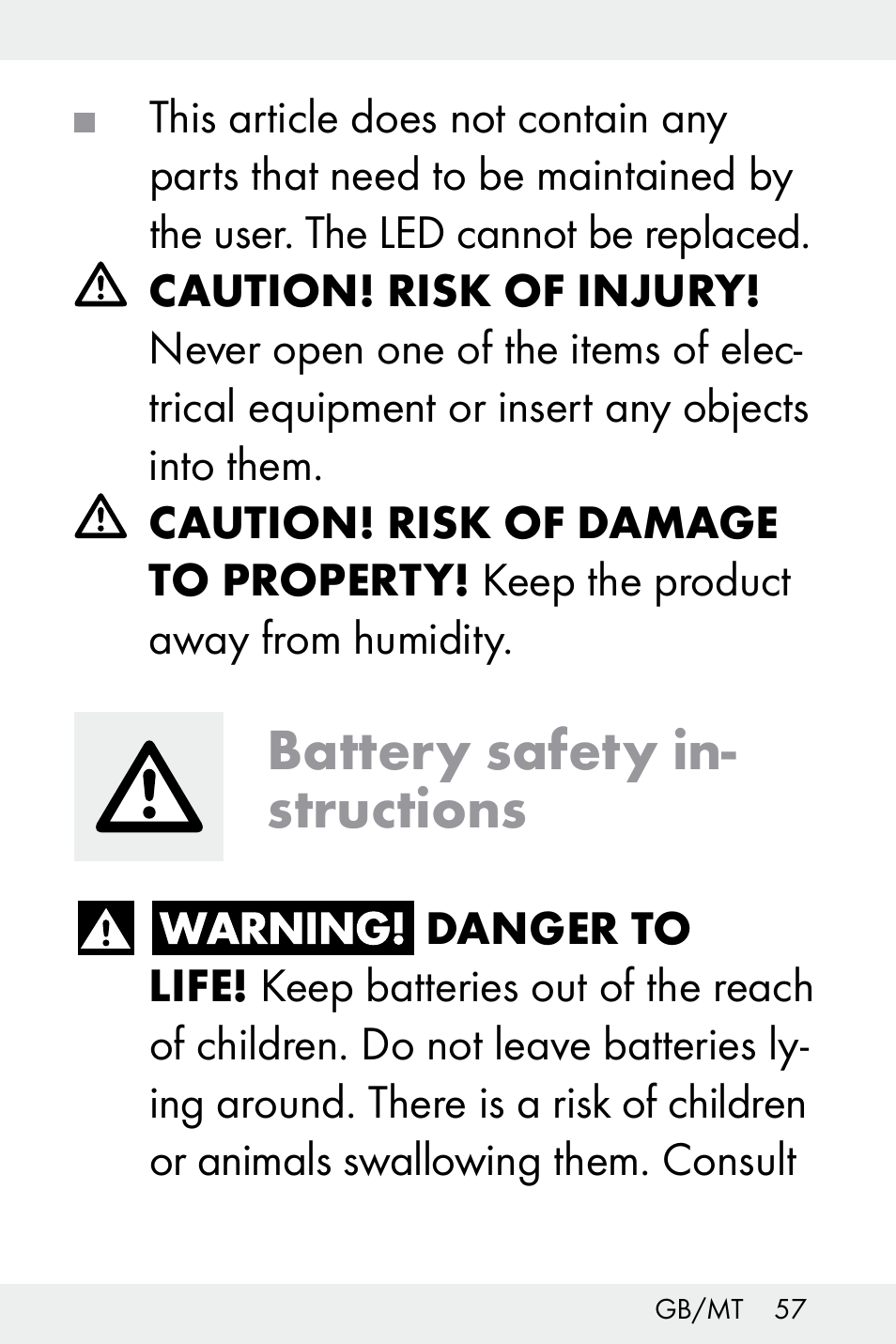 Battery safety in­ structions | Livarno Z32148C User Manual | Page 57 / 81
