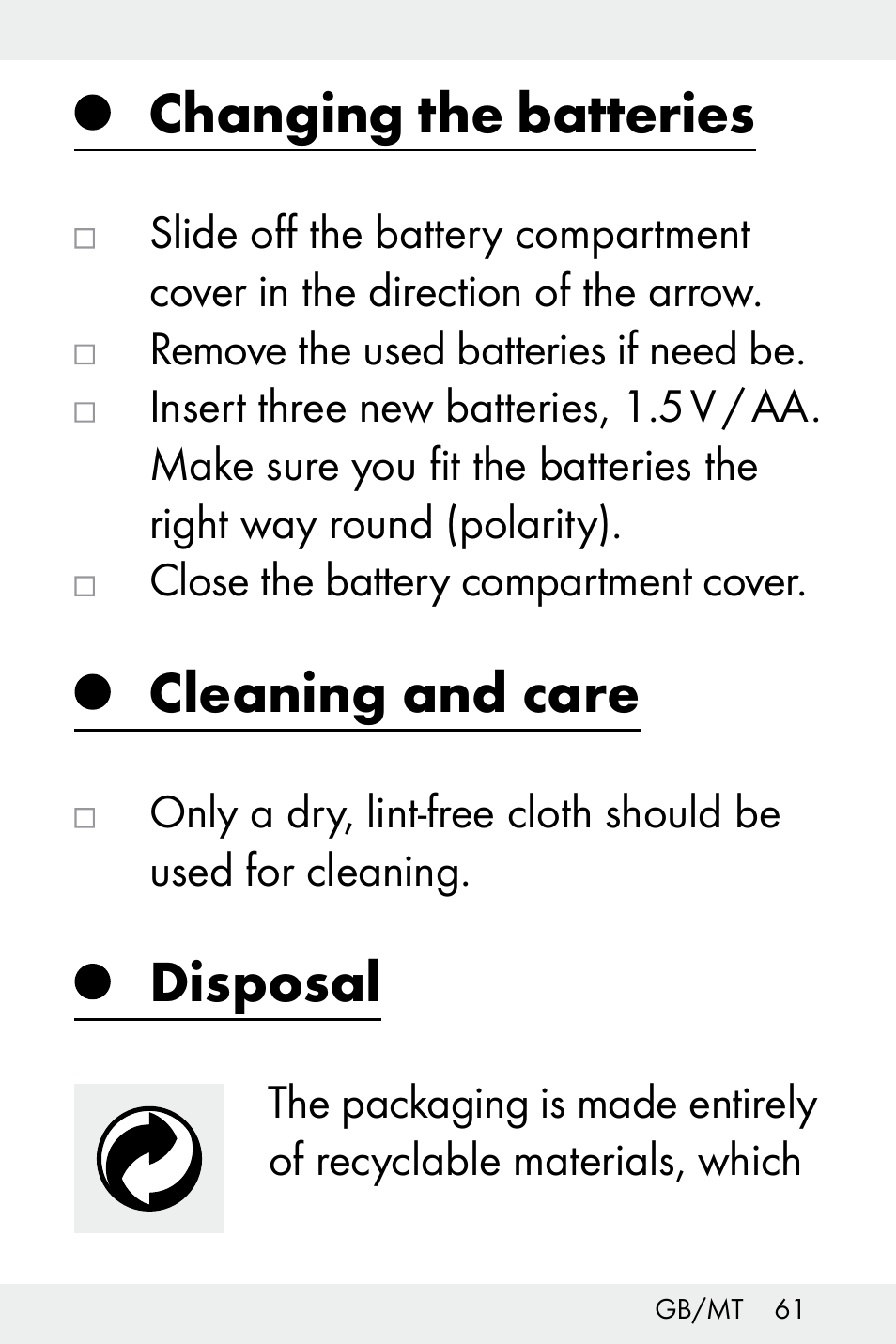Changing the batteries, Cleaning and care, Disposal | Livarno Z32148C User Manual | Page 61 / 81