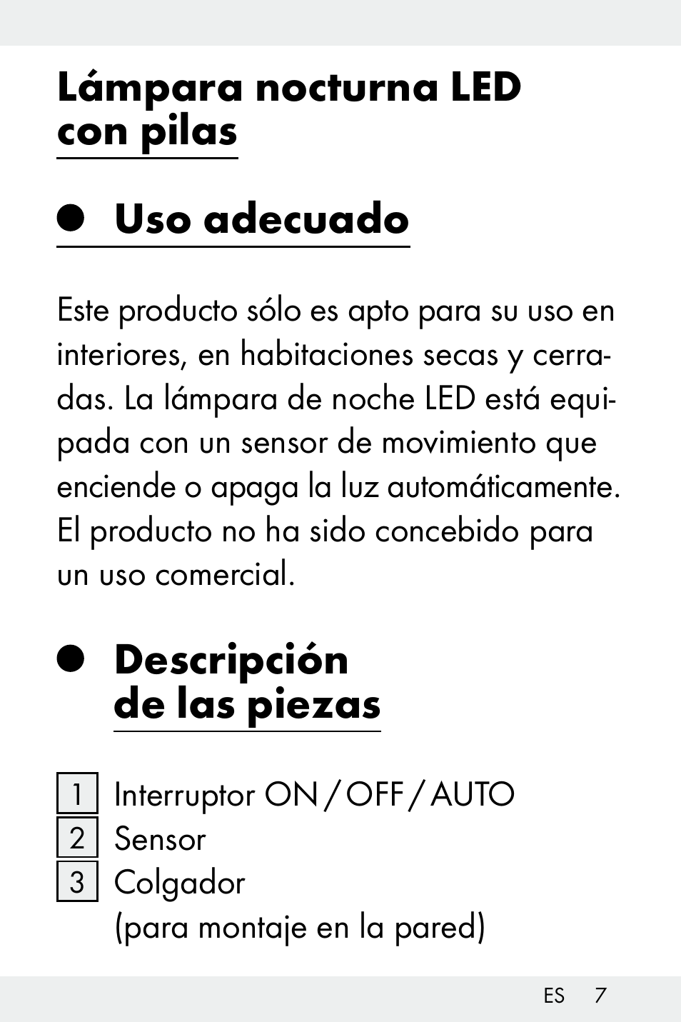 Lámpara nocturna led con pilas uso adecuado, Descripción de las piezas | Livarno Z32148C User Manual | Page 7 / 81