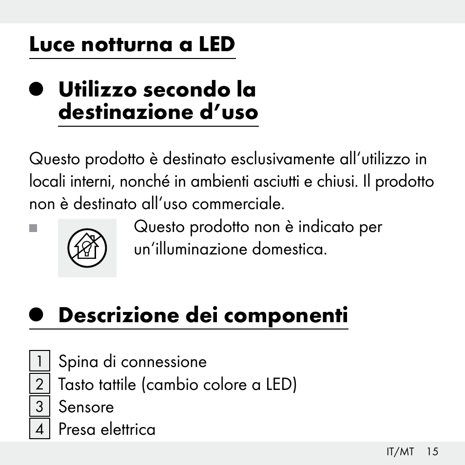 Luce notturna a led, Utilizzo secondo la destinazione d’uso, Descrizione dei componenti | Livarno Z31503-BS User Manual | Page 15 / 56