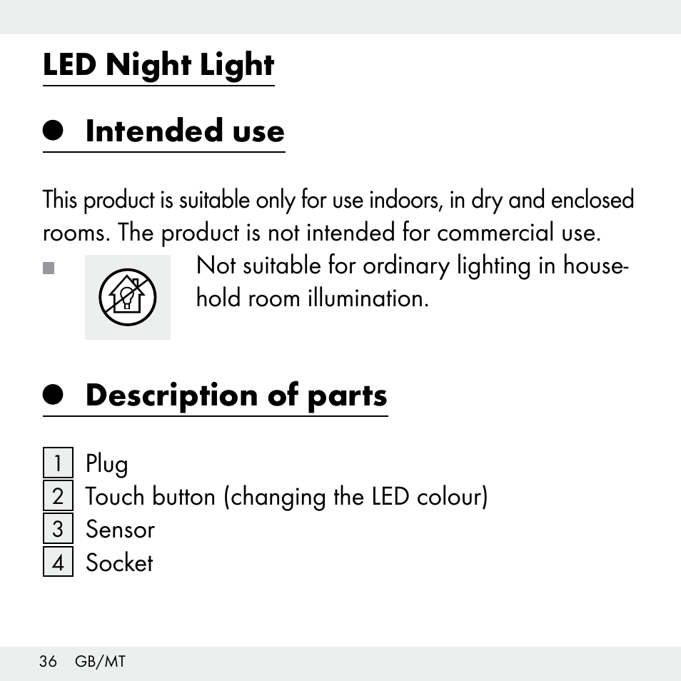 Led night light, Intended use, Description of parts | Livarno Z31503-BS User Manual | Page 36 / 56