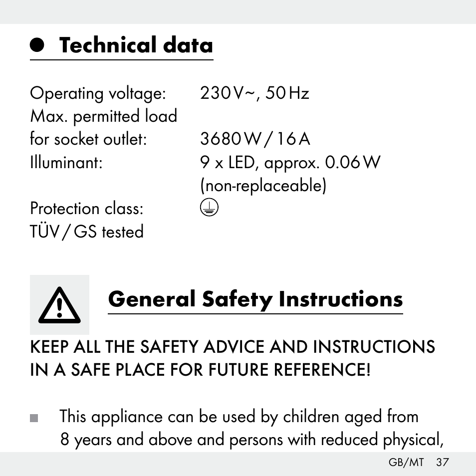 Technical data, General safety instructions | Livarno Z31503-BS User Manual | Page 37 / 56