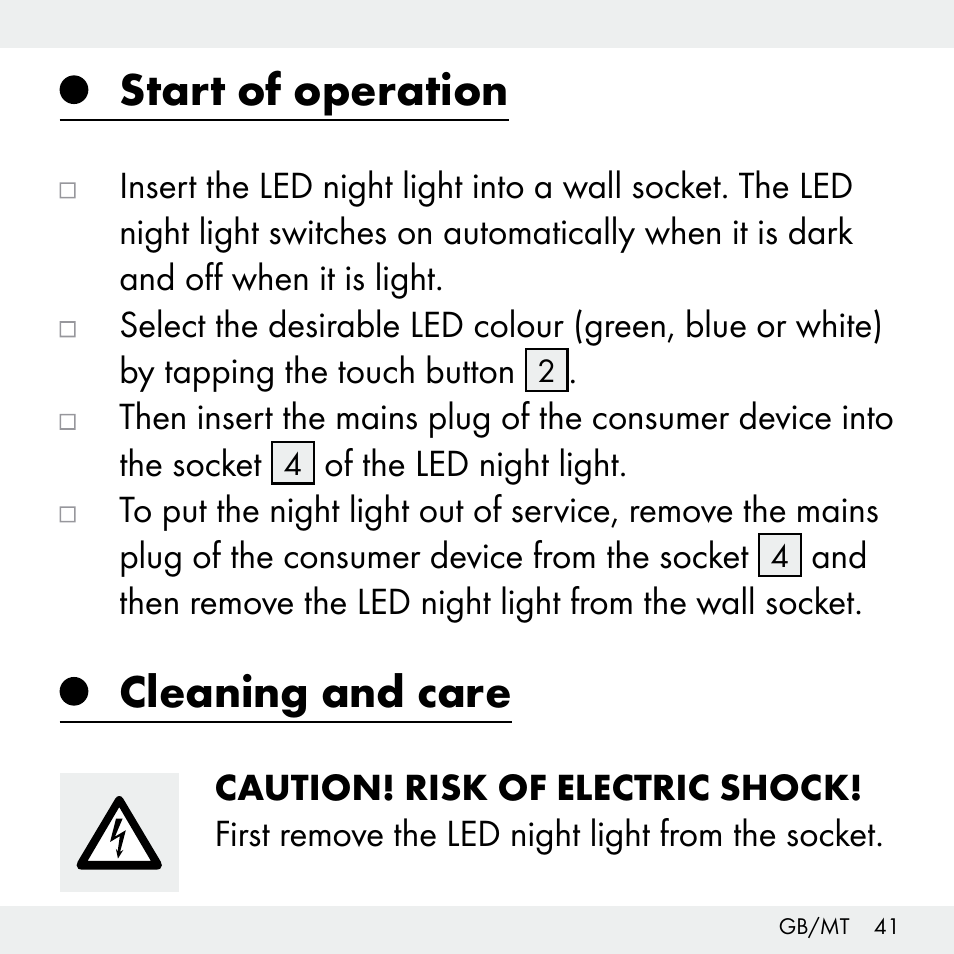 Start of operation, Cleaning and care | Livarno Z31503-BS User Manual | Page 41 / 56