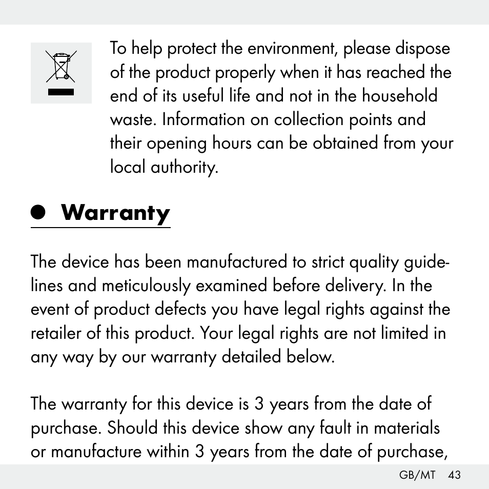 Warranty | Livarno Z31503-BS User Manual | Page 43 / 56