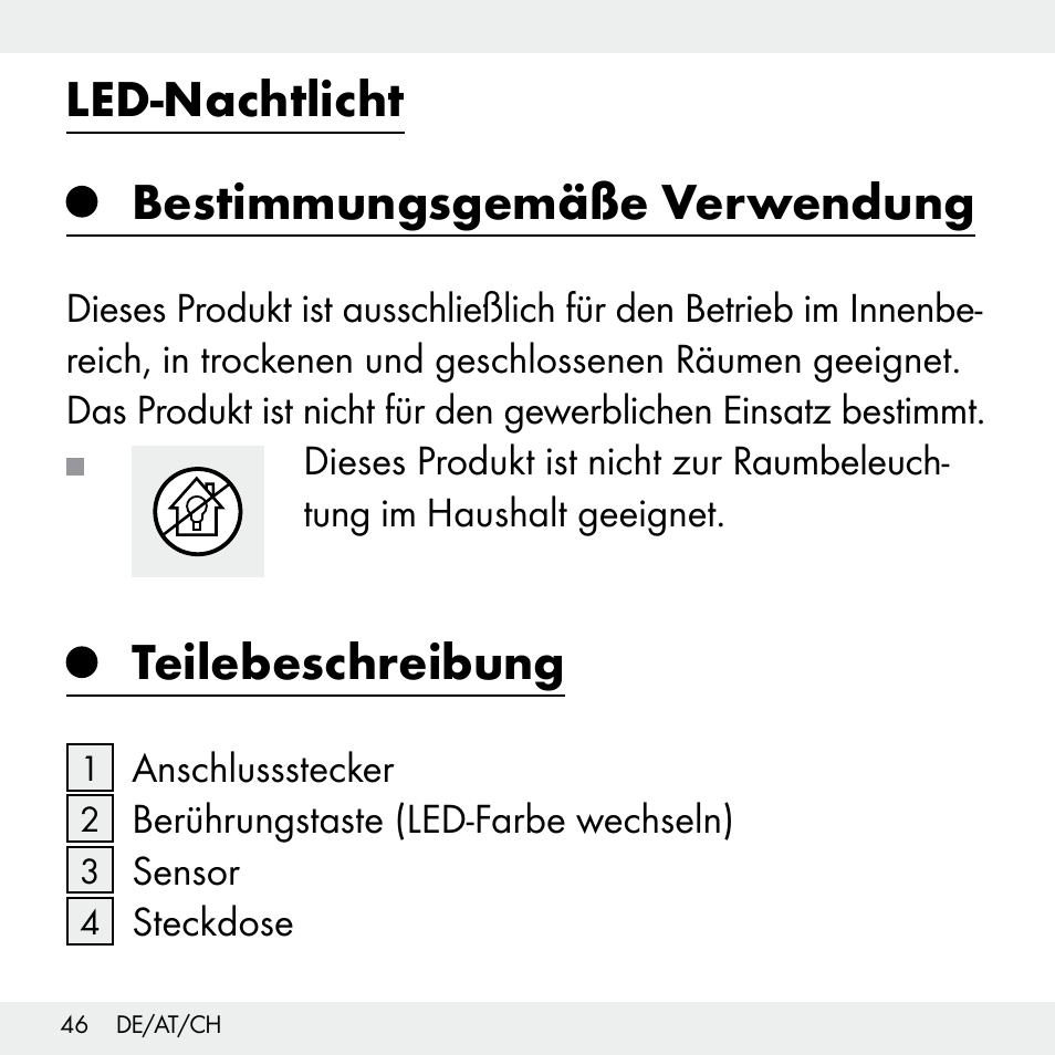 Led-nachtlicht, Bestimmungsgemäße verwendung, Teilebeschreibung | Livarno Z31503-BS User Manual | Page 46 / 56