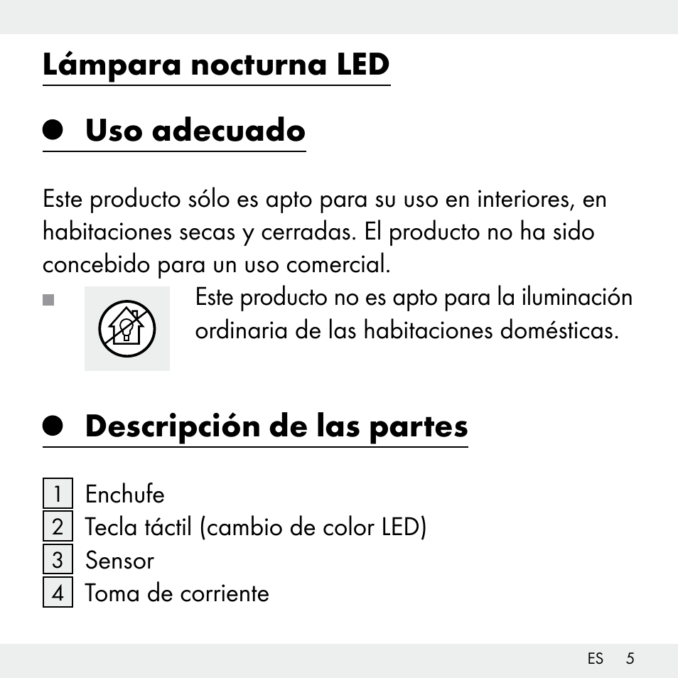 Lámpara nocturna led uso adecuado, Descripción de las partes | Livarno Z31503-BS User Manual | Page 5 / 56