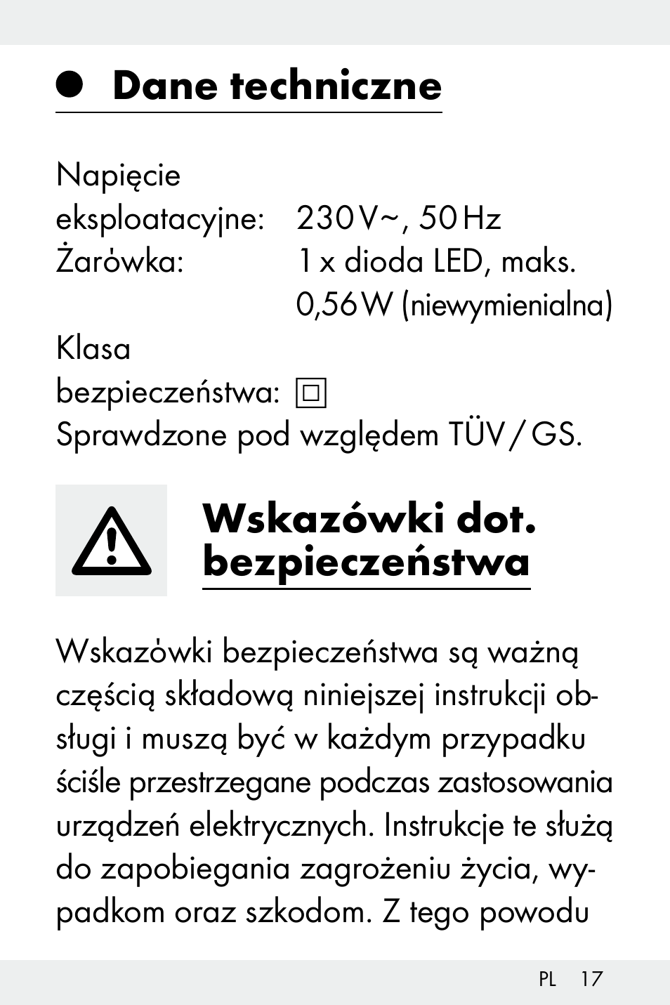 Dane techniczne, Wskazówki dot. bezpieczeństwa | Livarno Z32148A-BS User Manual | Page 17 / 83