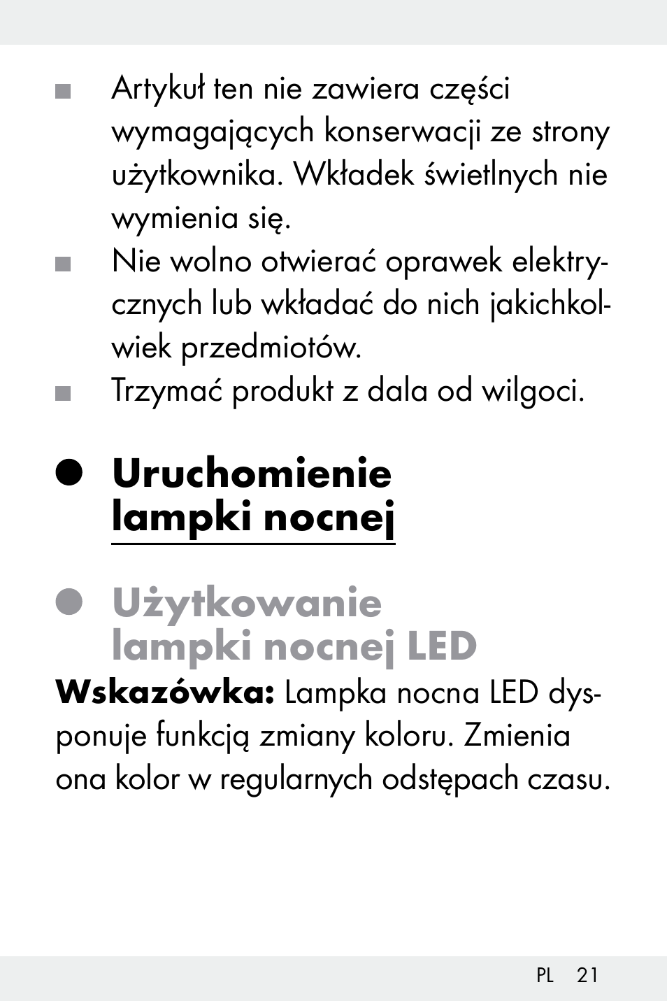 Uruchomienie lampki nocnej, Użytkowanie lampki nocnej led | Livarno Z32148A-BS User Manual | Page 21 / 83