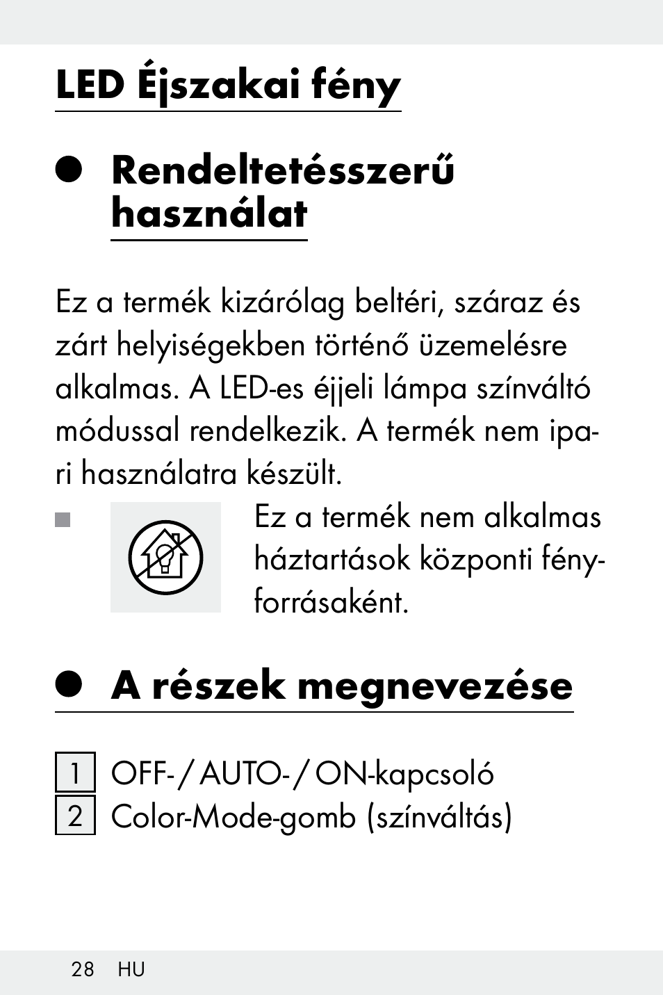 Led éjszakai fény, Rendeltetésszerű használat, A részek megnevezése | Livarno Z32148A-BS User Manual | Page 28 / 83