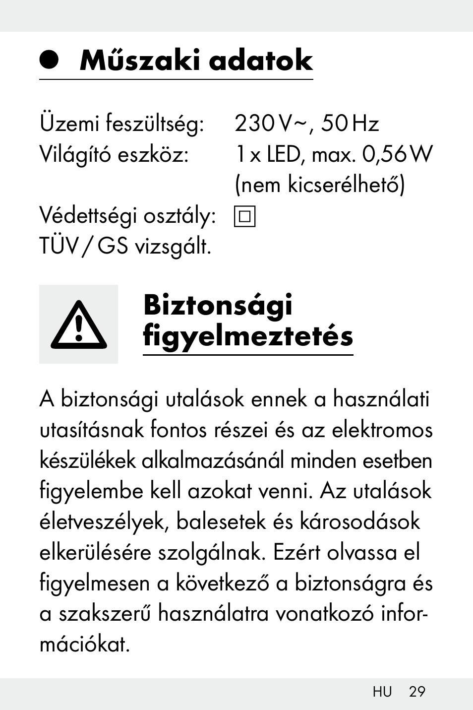 Műszaki adatok, Biztonsági figyelmeztetés | Livarno Z32148A-BS User Manual | Page 29 / 83