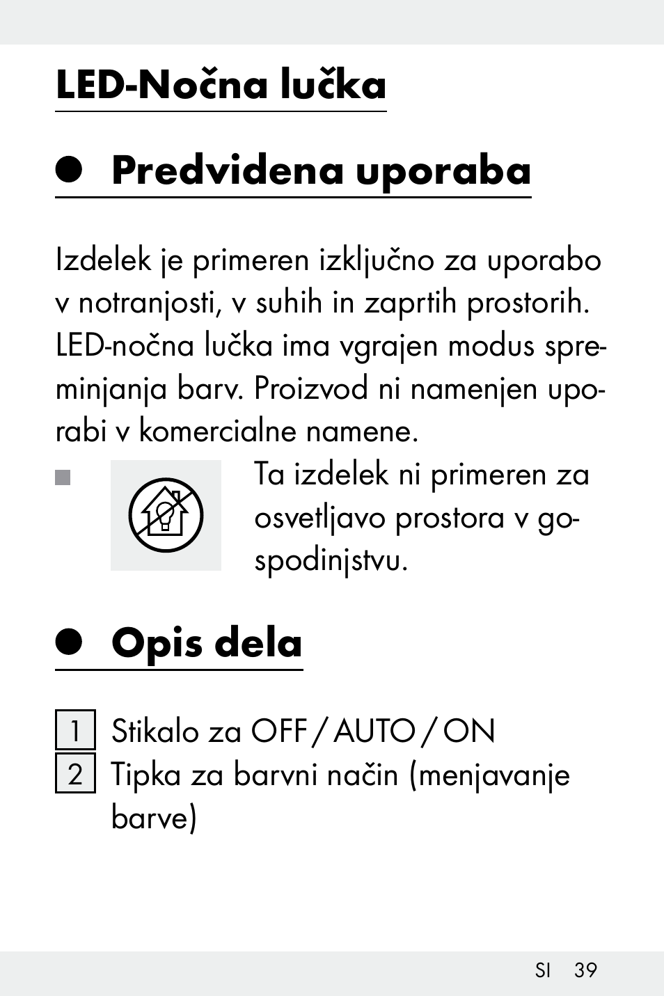 Led-nočna lučka, Predvidena uporaba, Opis dela | Livarno Z32148A-BS User Manual | Page 39 / 83