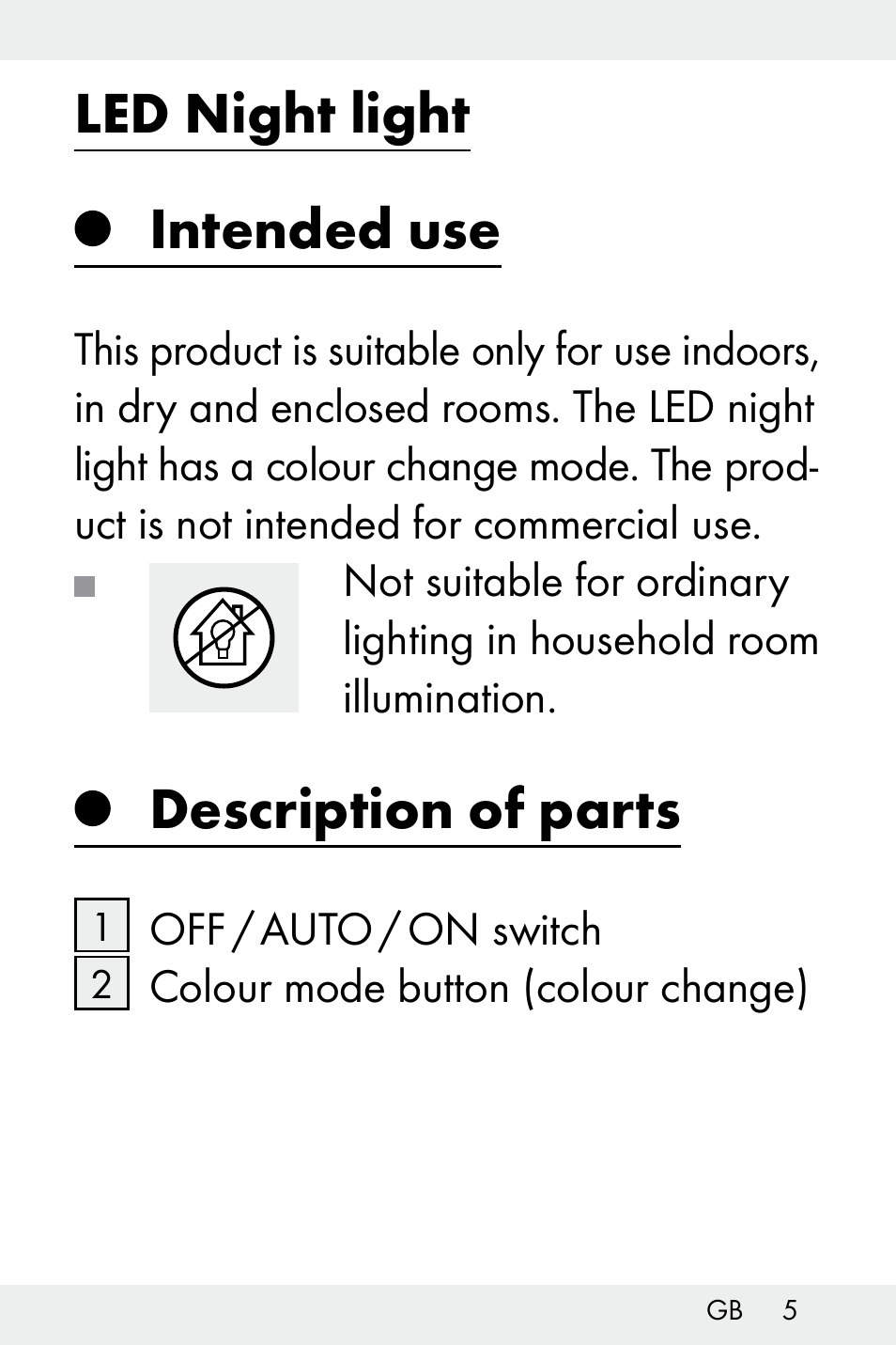 Led night light, Intended use, Description of parts | Livarno Z32148A-BS User Manual | Page 5 / 83