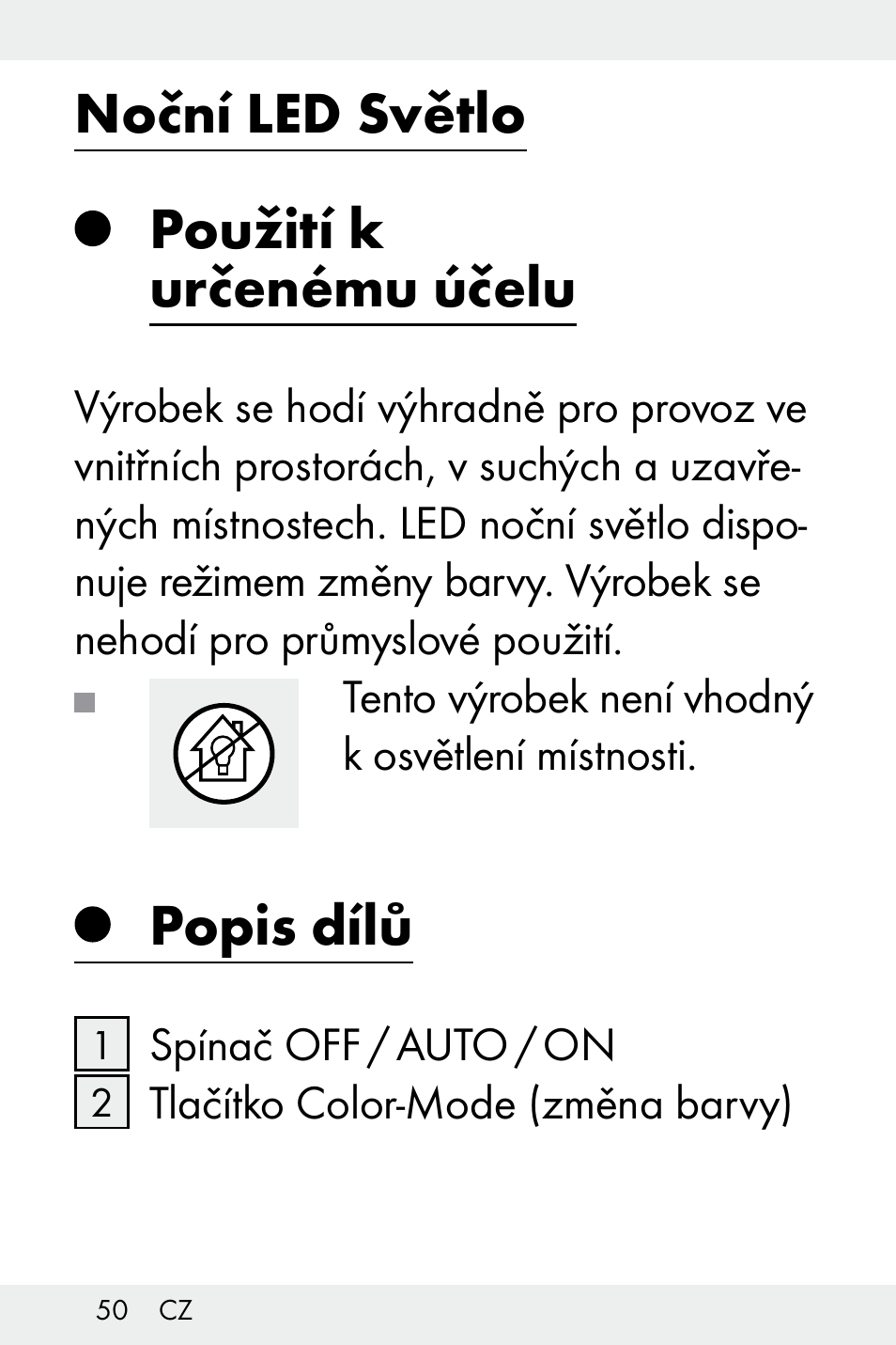 Noční led světlo, Použití k určenému účelu, Popis dílů | Livarno Z32148A-BS User Manual | Page 50 / 83