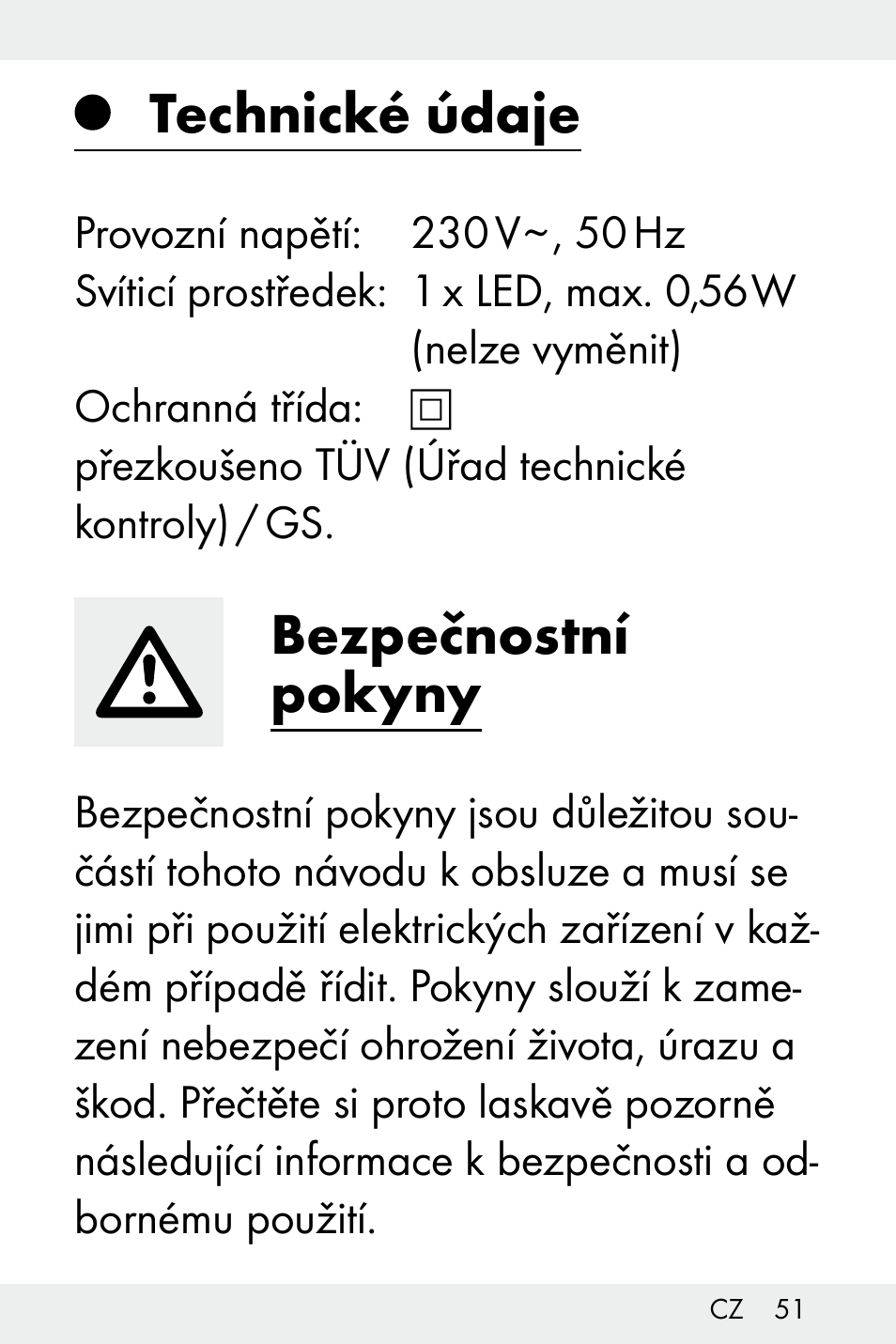 Technické údaje, Bezpečnostní pokyny | Livarno Z32148A-BS User Manual | Page 51 / 83