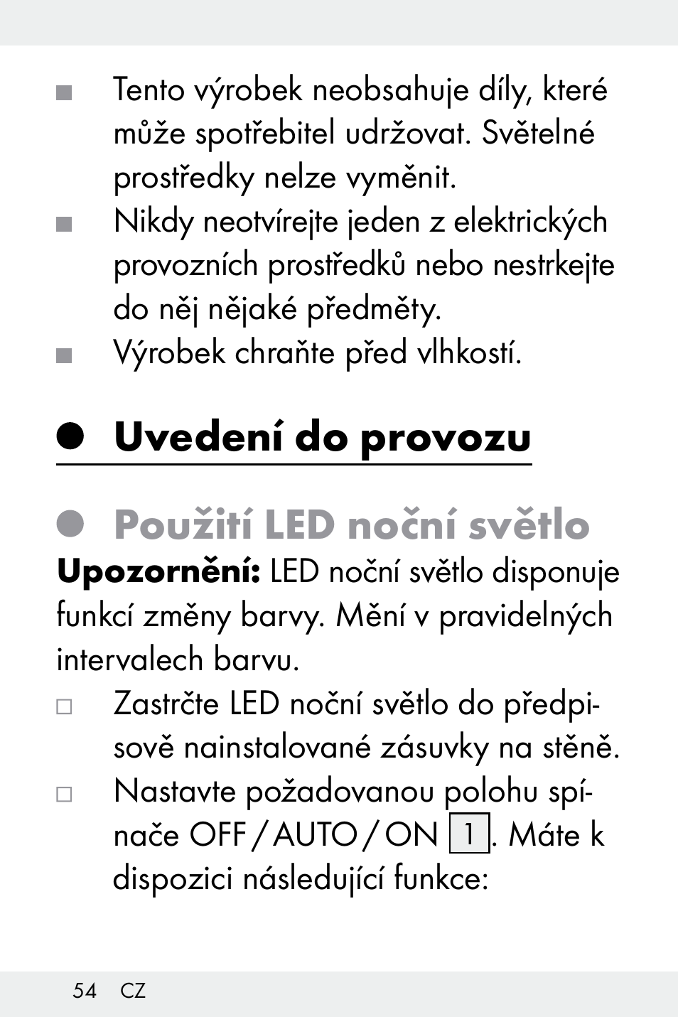 Uvedení do provozu, Použití led noční světlo | Livarno Z32148A-BS User Manual | Page 54 / 83