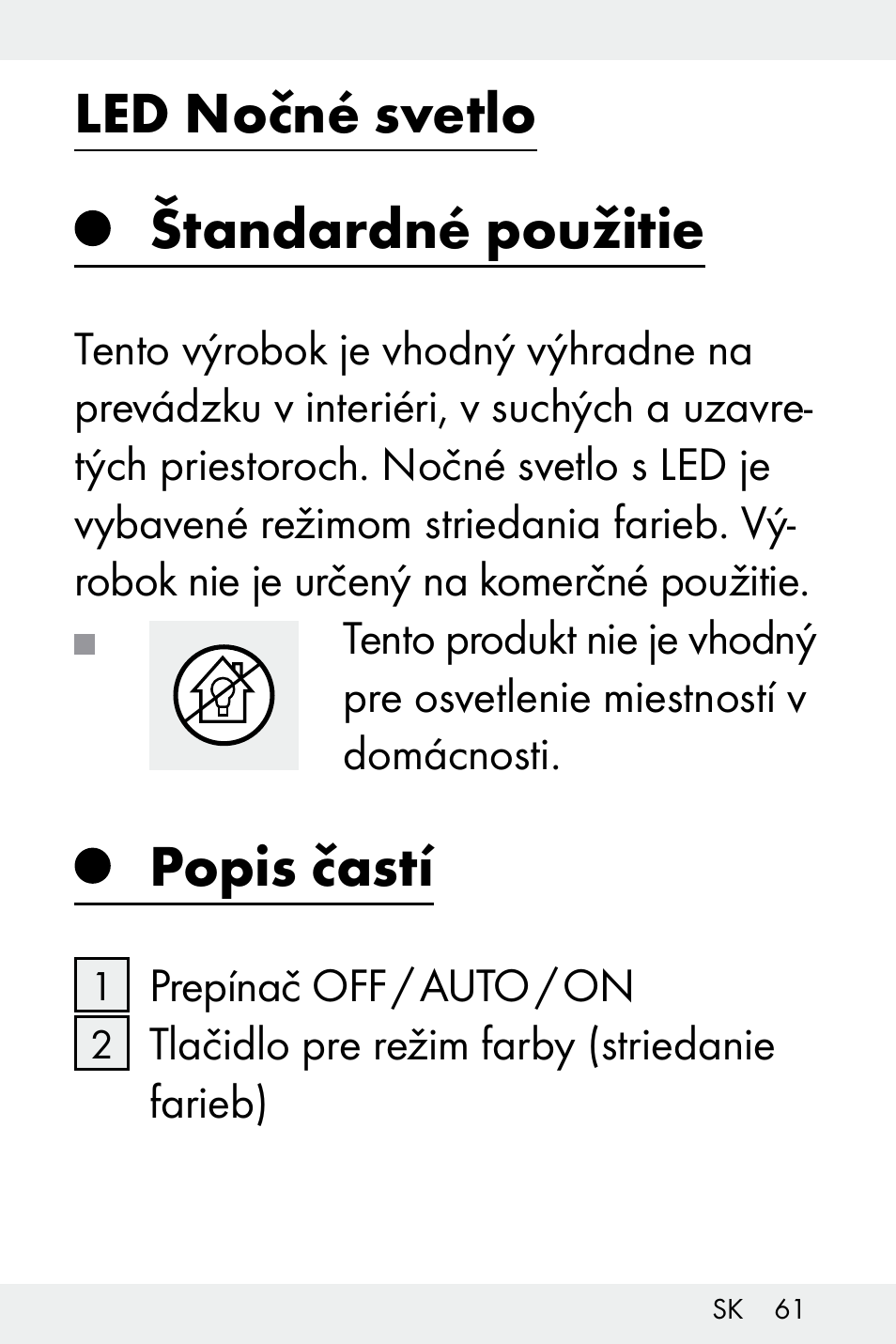 Led nočné svetlo, Štandardné použitie, Popis častí | Livarno Z32148A-BS User Manual | Page 61 / 83