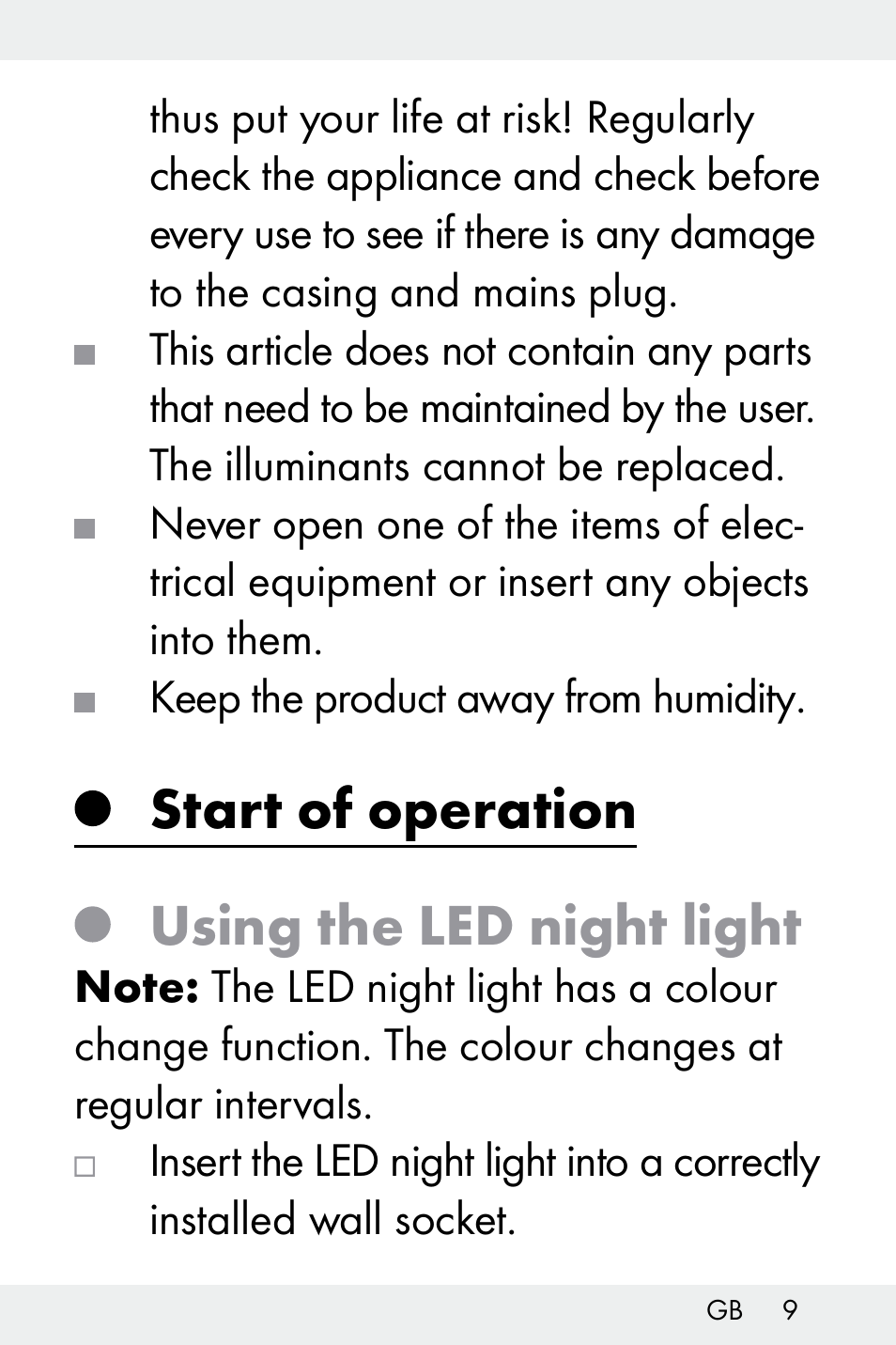 Start of operation, Using the led night light | Livarno Z32148A-BS User Manual | Page 9 / 83