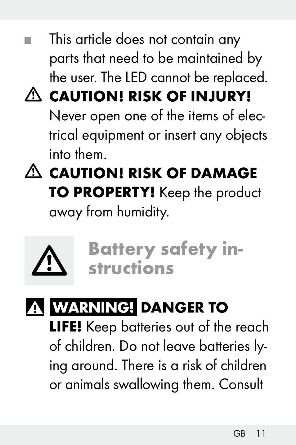 Battery safety in- structions | Livarno Z32148C User Manual | Page 11 / 107