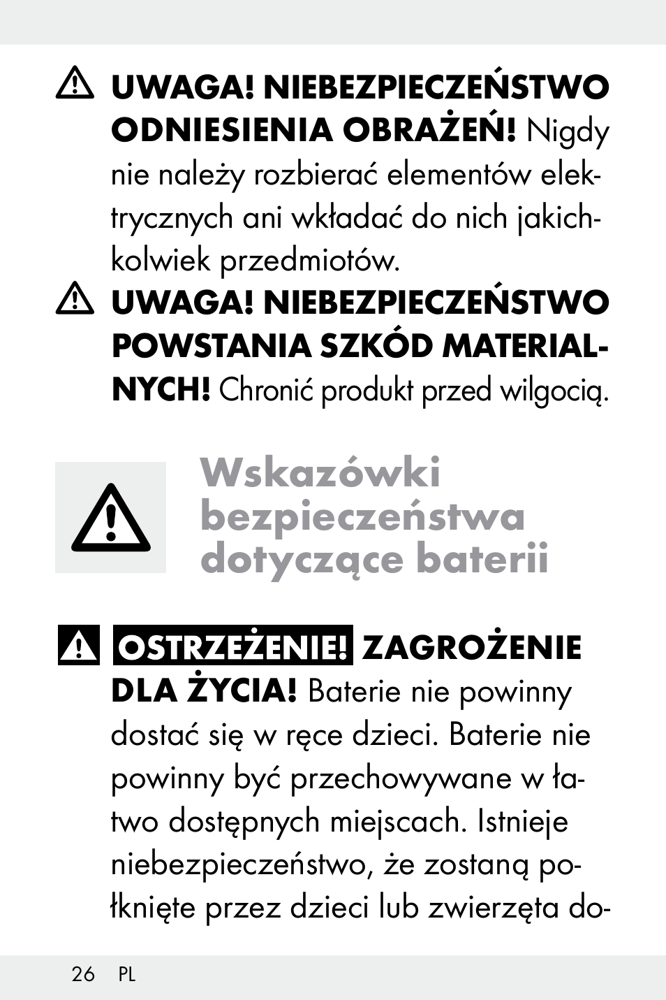 Wskazówki bezpieczeństwa dotyczące baterii | Livarno Z32148C User Manual | Page 26 / 107