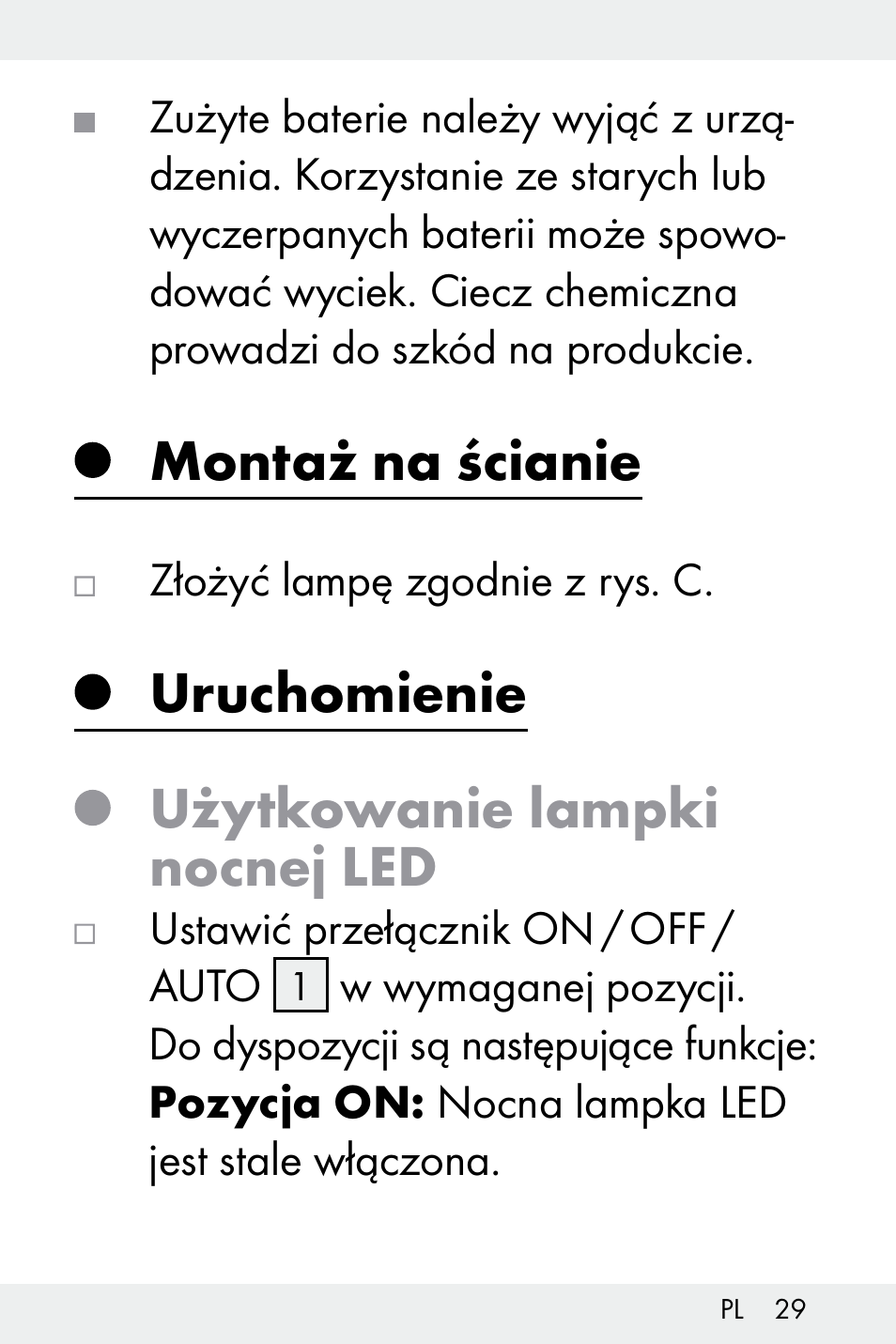 Montaż na ścianie, Uruchomienie, Użytkowanie lampki nocnej led | Livarno Z32148C User Manual | Page 29 / 107