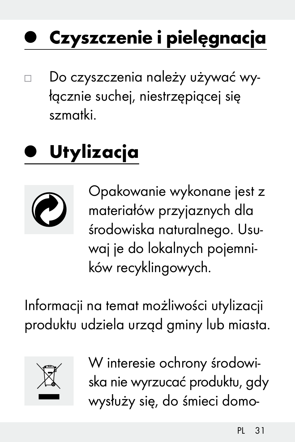 Czyszczenie i pielęgnacja, Utylizacja | Livarno Z32148C User Manual | Page 31 / 107