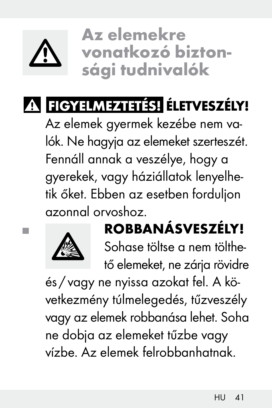 Az elemekre vonatkozó bizton- sági tudnivalók | Livarno Z32148C User Manual | Page 41 / 107