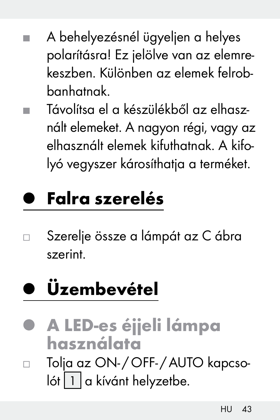 Falra szerelés, Üzembevétel, A led-es éjjeli lámpa használata | Livarno Z32148C User Manual | Page 43 / 107