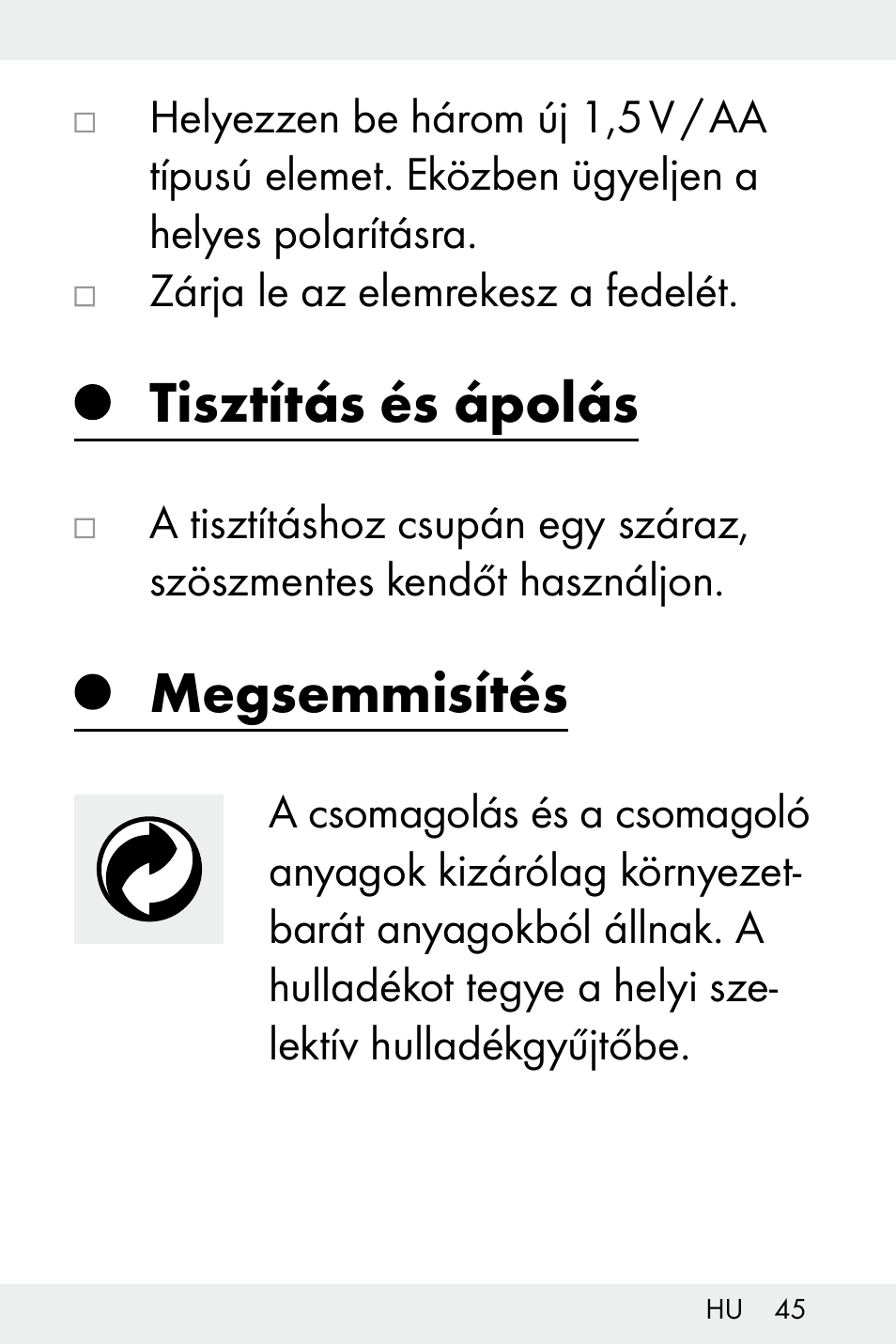 Tisztítás és ápolás, Megsemmisítés | Livarno Z32148C User Manual | Page 45 / 107