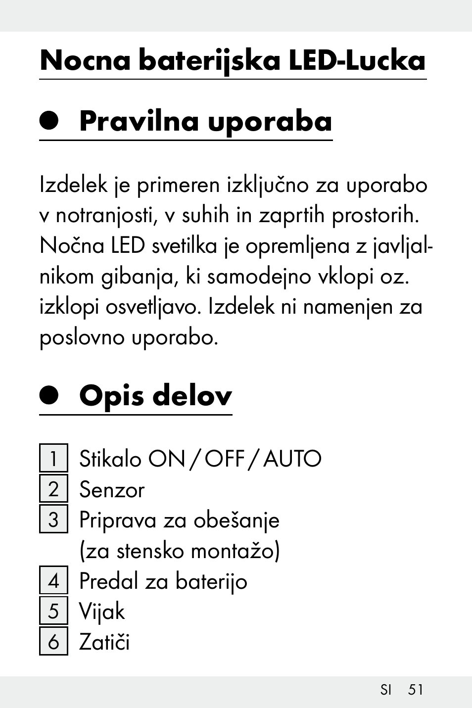 Nocna baterijska led-lucka pravilna uporaba, Opis delov | Livarno Z32148C User Manual | Page 51 / 107