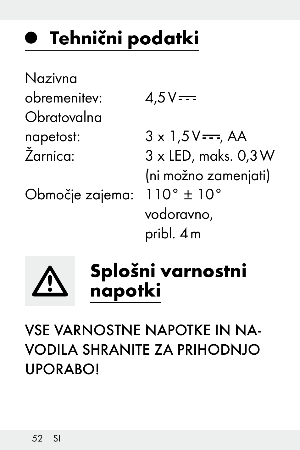 Tehnični podatki, Splošni varnostni napotki | Livarno Z32148C User Manual | Page 52 / 107