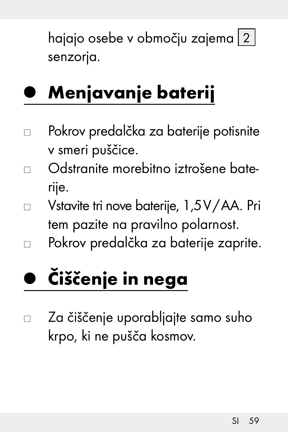 Menjavanje baterij, Čiščenje in nega | Livarno Z32148C User Manual | Page 59 / 107