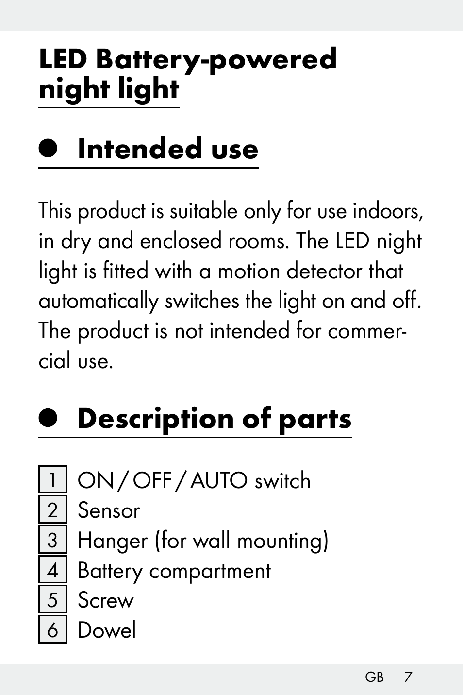 Led battery-powered night light intended use, Description of parts | Livarno Z32148C User Manual | Page 7 / 107