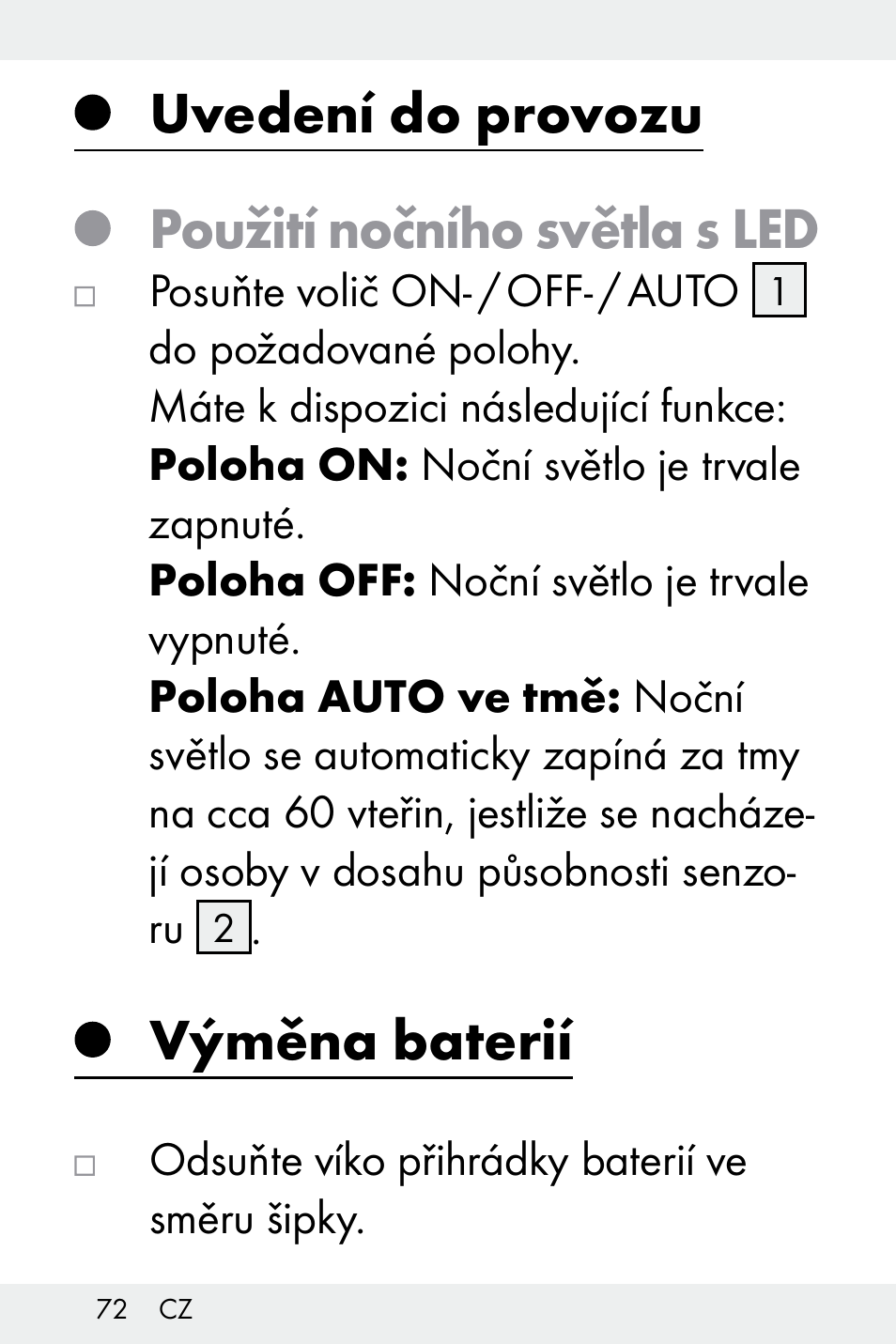 Uvedení do provozu, Použití nočního světla s led, Výměna baterií | Livarno Z32148C User Manual | Page 72 / 107