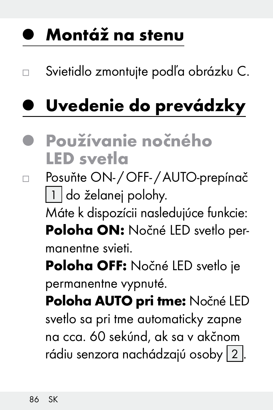 Montáž na stenu, Uvedenie do prevádzky, Používanie nočného led svetla | Livarno Z32148C User Manual | Page 86 / 107