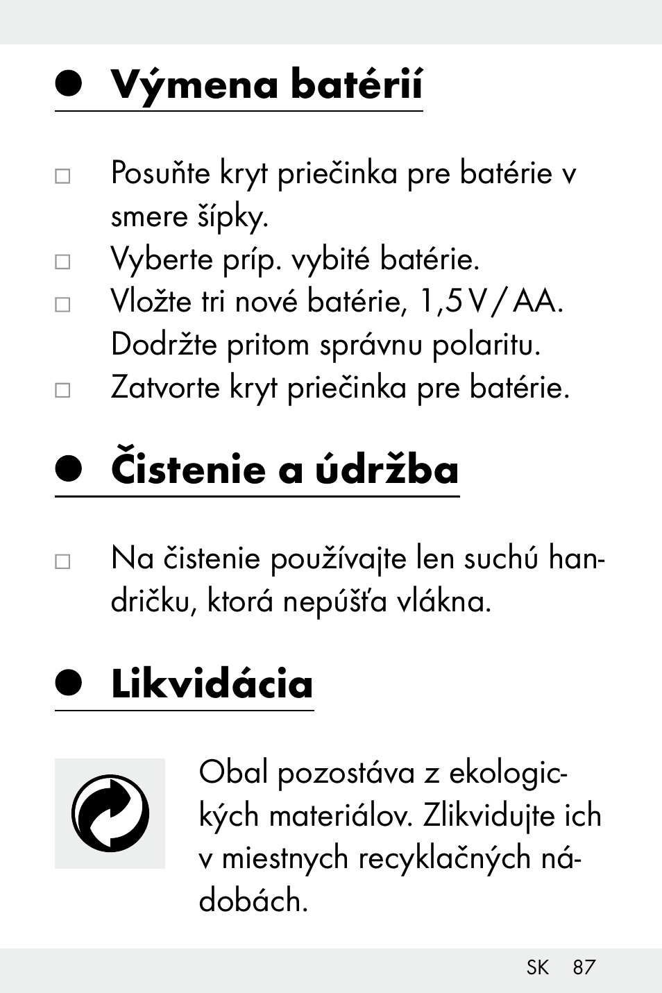 Výmena batérií, Čistenie a údržba, Likvidácia | Livarno Z32148C User Manual | Page 87 / 107