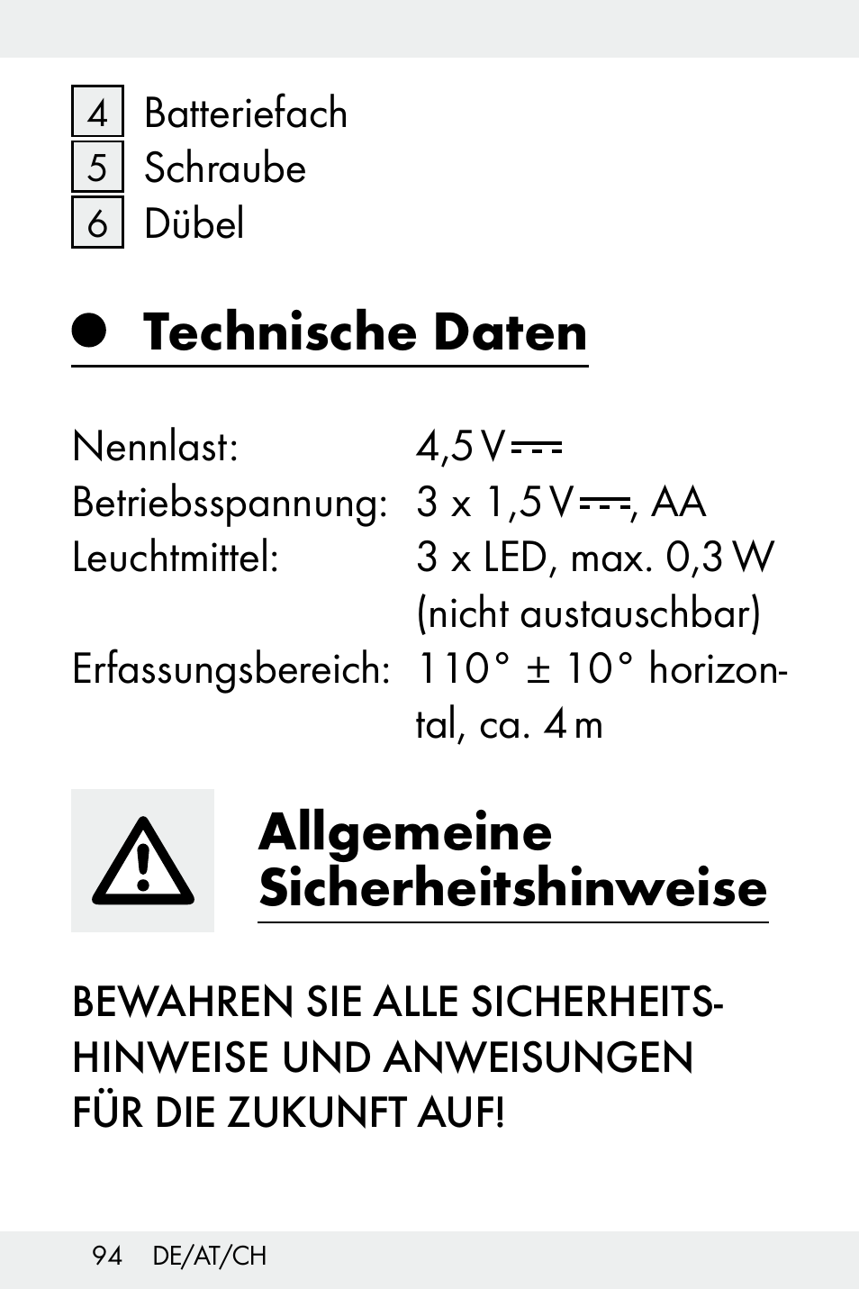 Technische daten, Allgemeine sicherheitshinweise | Livarno Z32148C User Manual | Page 94 / 107
