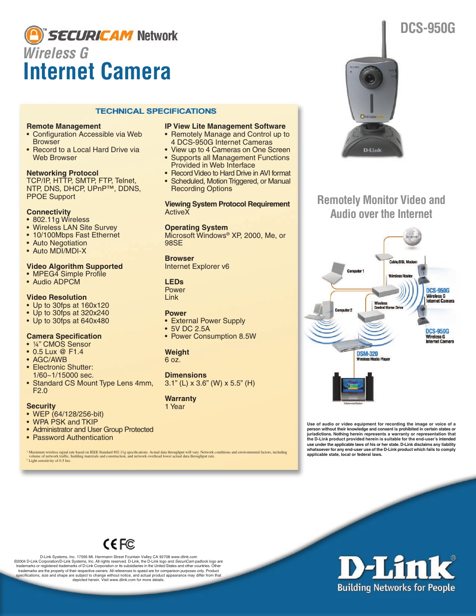 Internet camera, Wireless g, Dcs-950g | Remotely monitor video and audio over the internet | D-Link WIRELESS G DCS-950G User Manual | Page 2 / 2