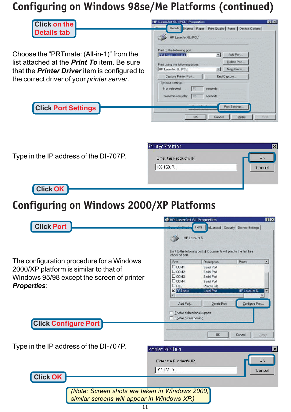 Configuring on windows 2000/xp platforms | D-Link DI-707P User Manual | Page 11 / 16