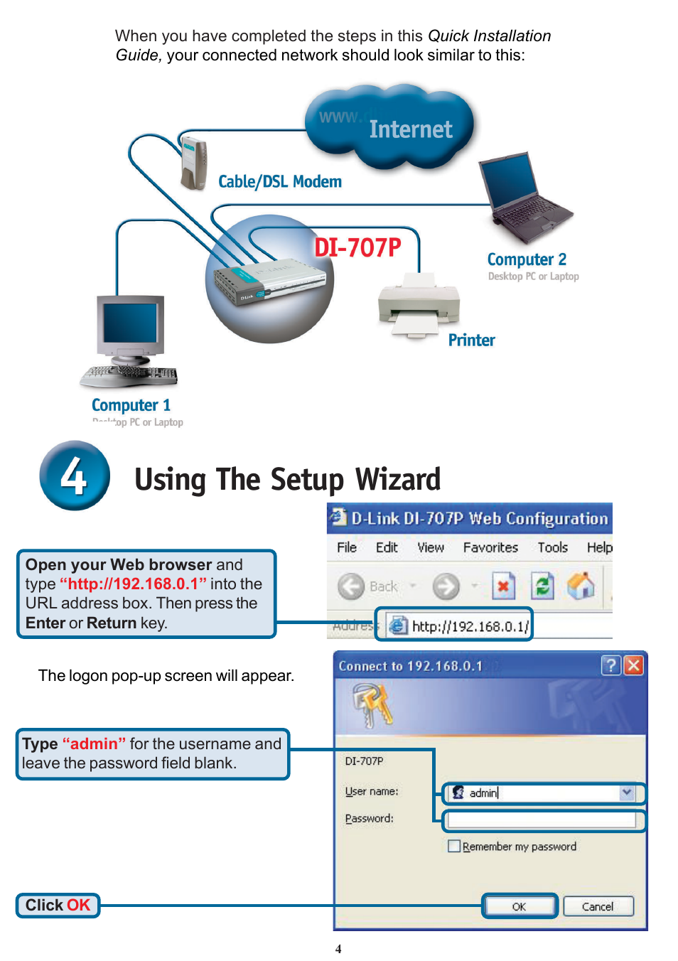 Using the setup wizard | D-Link DI-707P User Manual | Page 4 / 16