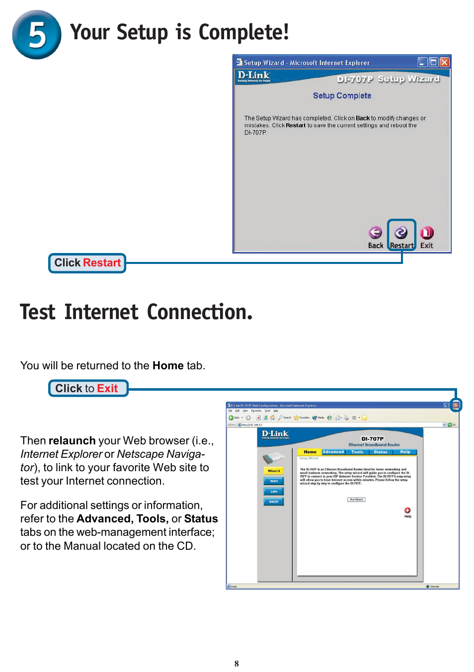 Your setup is complete, Test internet connection | D-Link DI-707P User Manual | Page 8 / 16