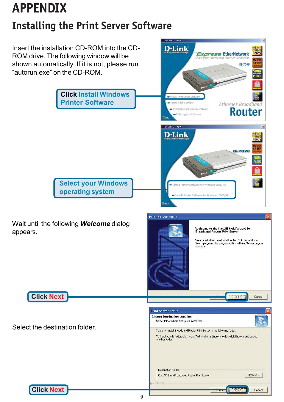 Appendix, Installing the print server software | D-Link DI-707P User Manual | Page 9 / 16