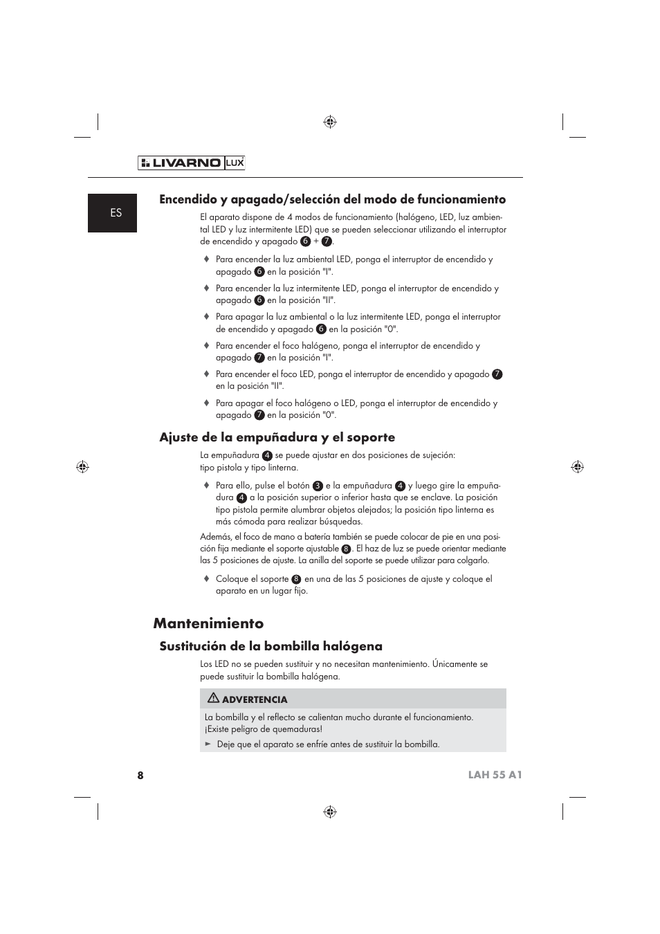 Mantenimiento, Ajuste de la empuñadura y el soporte, Sustitución de la bombilla halógena | Livarno LAH 55 A1 User Manual | Page 10 / 72