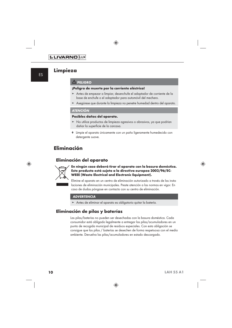 Limpieza, Eliminación, Eliminación del aparato | Eliminación de pilas y baterías | Livarno LAH 55 A1 User Manual | Page 12 / 72