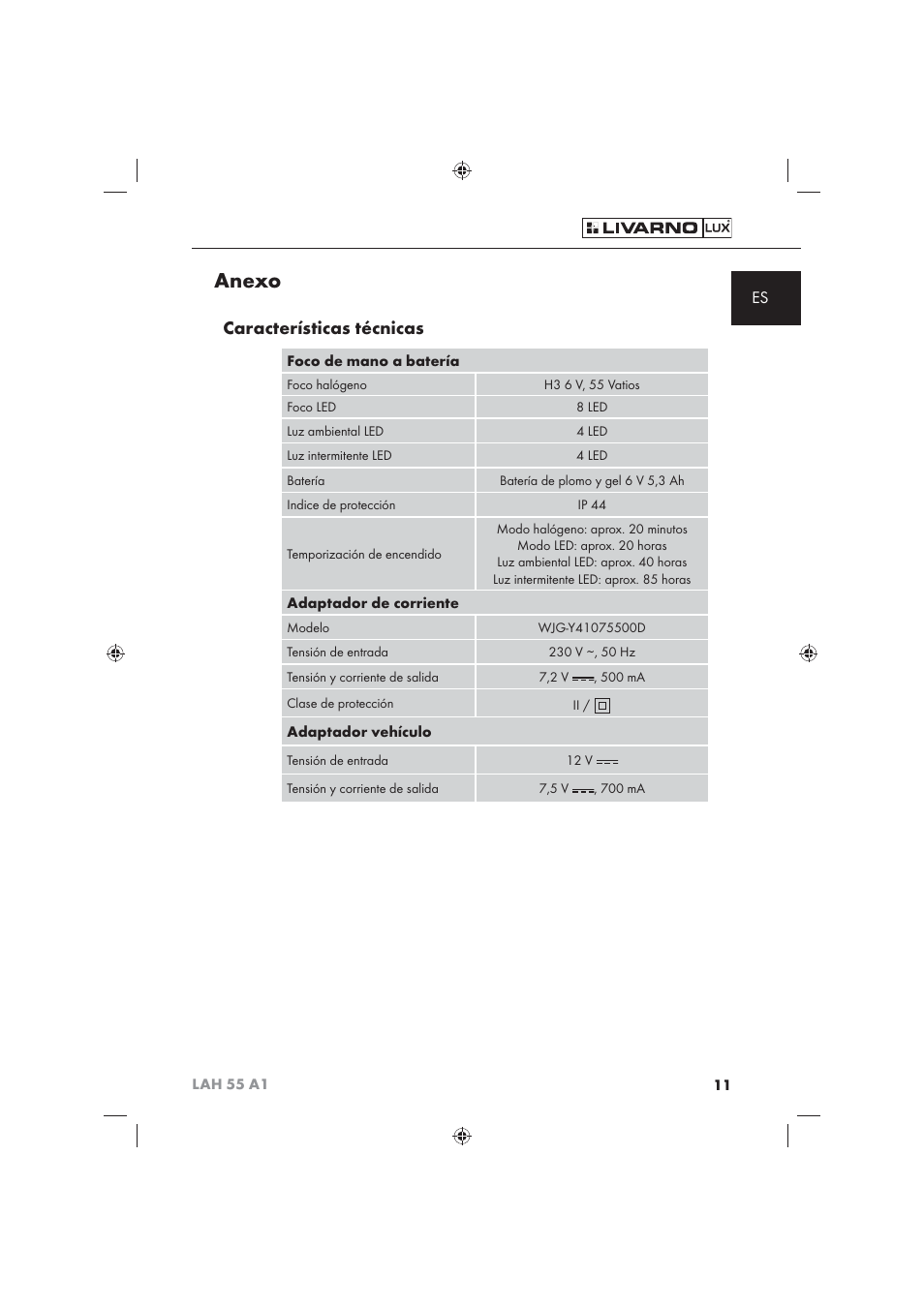 Anexo, Características técnicas | Livarno LAH 55 A1 User Manual | Page 13 / 72