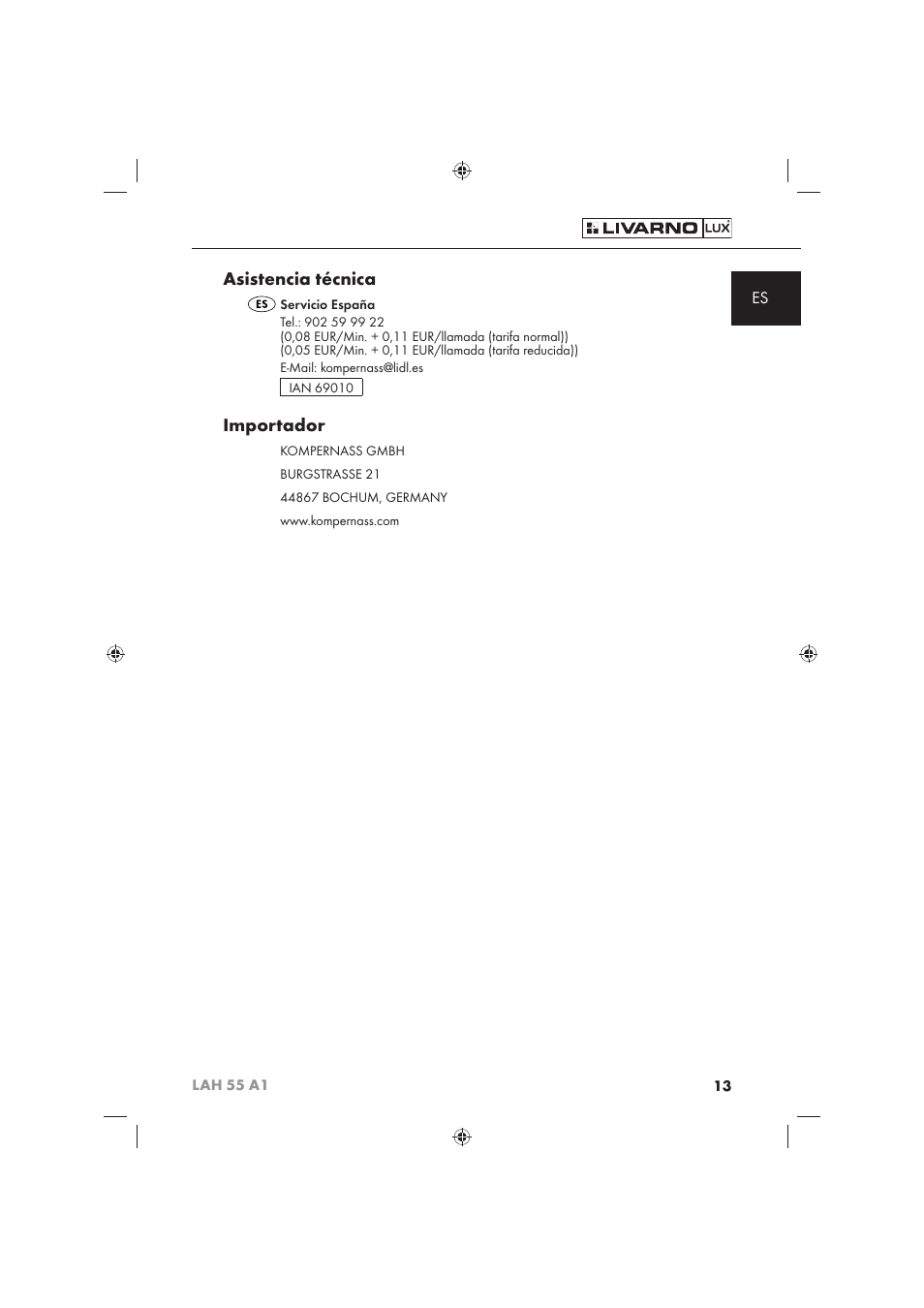 Asistencia técnica, Importador | Livarno LAH 55 A1 User Manual | Page 15 / 72