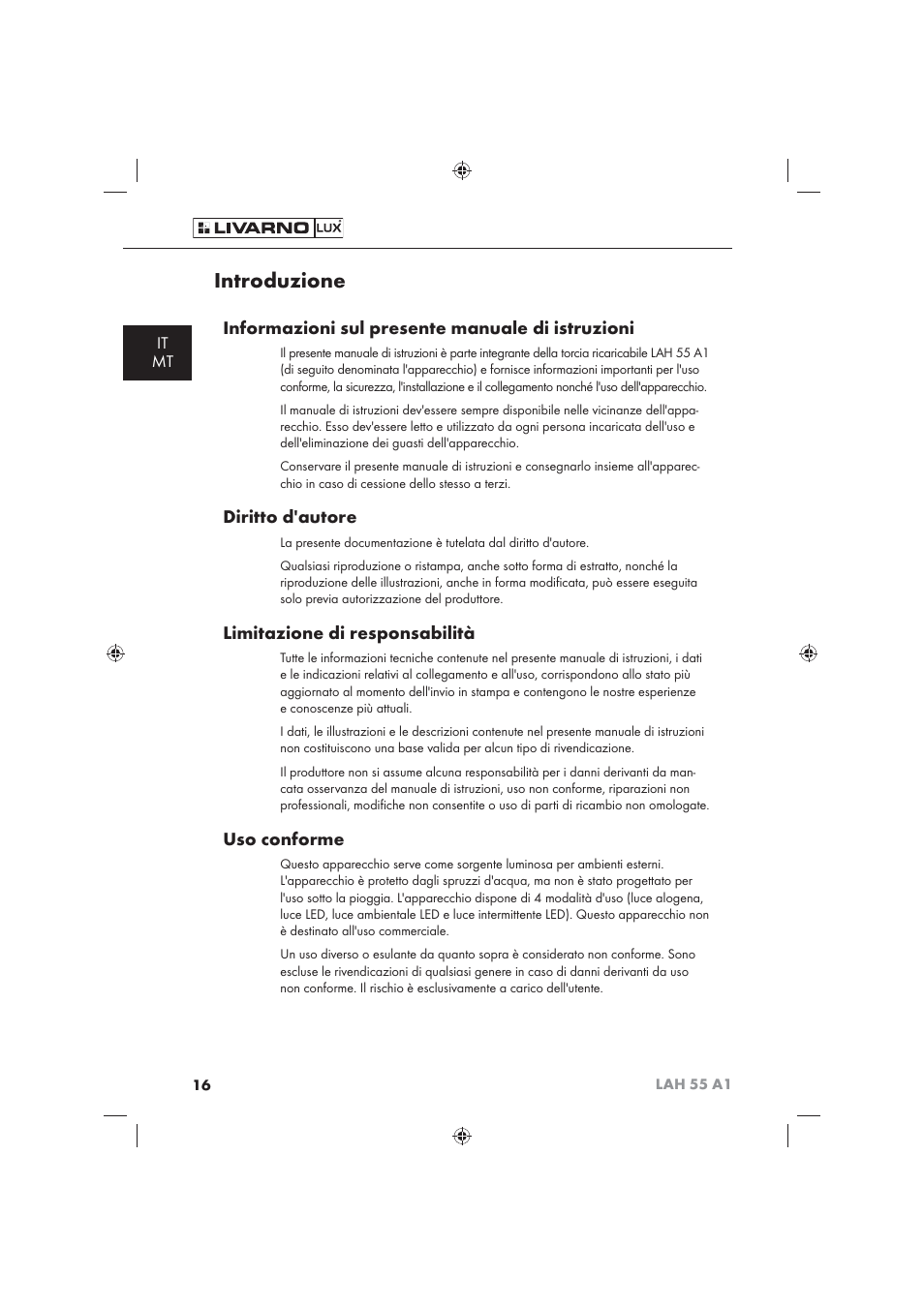 Introduzione, Informazioni sul presente manuale di istruzioni, Diritto d'autore | Limitazione di responsabilità, Uso conforme, It mt | Livarno LAH 55 A1 User Manual | Page 18 / 72