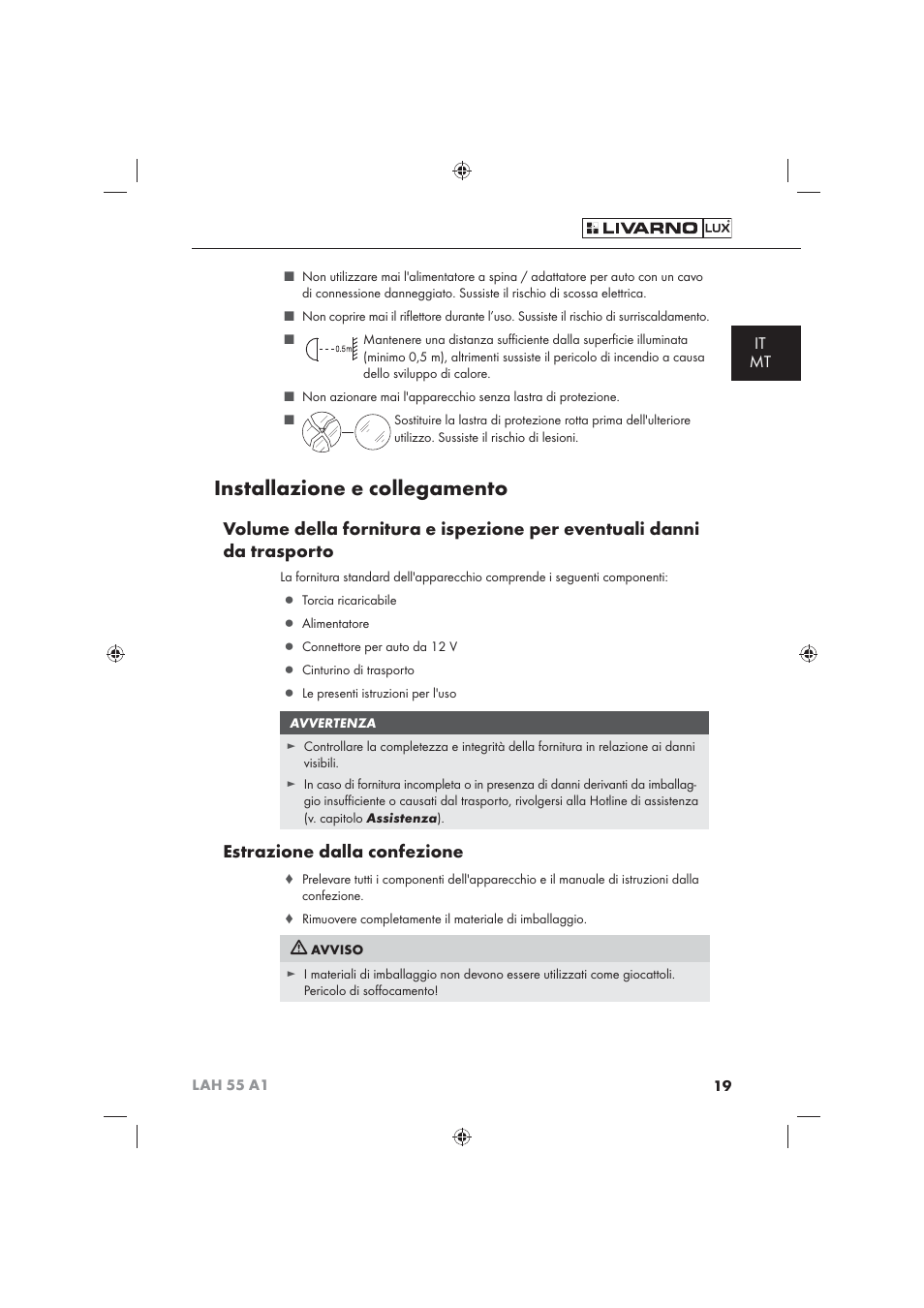 Installazione e collegamento, Estrazione dalla confezione, It mt | Livarno LAH 55 A1 User Manual | Page 21 / 72