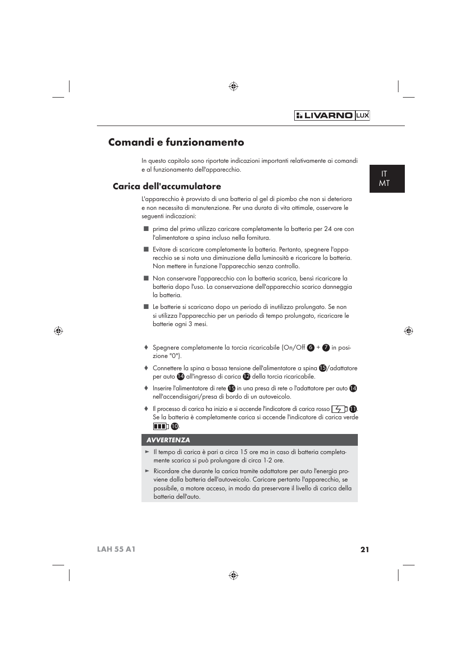 Comandi e funzionamento, Carica dell'accumulatore, It mt | Livarno LAH 55 A1 User Manual | Page 23 / 72