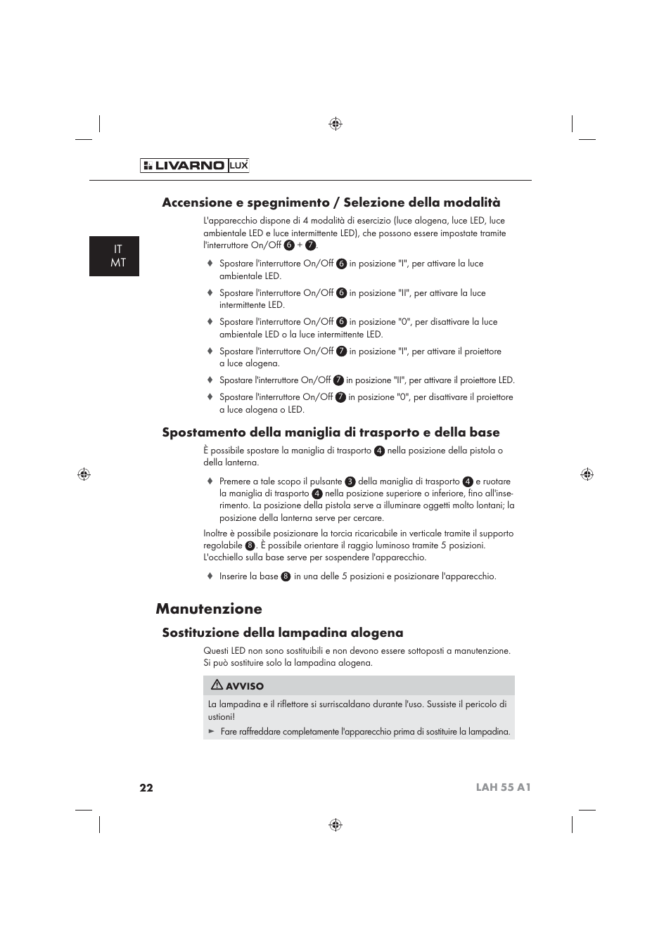 Manutenzione, Sostituzione della lampadina alogena, It mt | Livarno LAH 55 A1 User Manual | Page 24 / 72